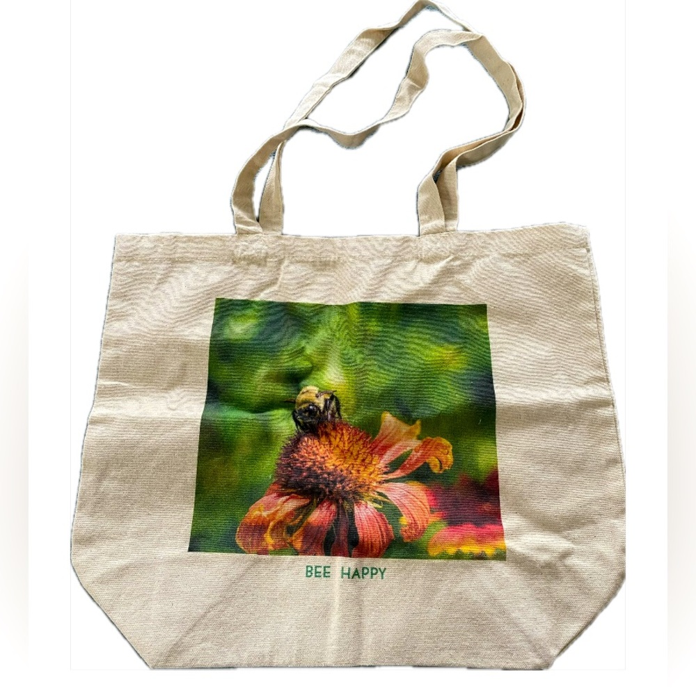 Bee Happy canvas bag. Honey bee grocery reusable bag.